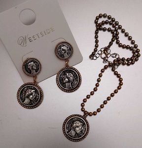 Vintage Coin Pendant Necklace & Earrings Set