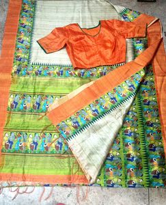 patli pallu Handpainted Silk Saree with Blouse
