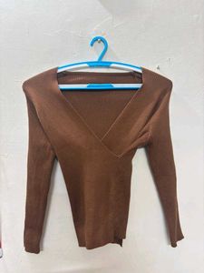 Brown Ribbed V-Neck Wrap Top