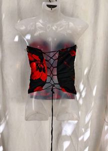 293. Red Black Floral Corset Top