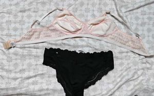 Light Pink Lace Bra + Black Panty Set