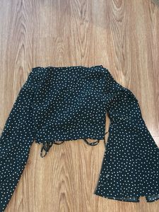 Black Polka Dot Bell Sleeve Crop Top