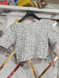 White Text Print Crop Top