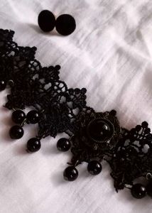 Black beaded Lace Choker with Earrings