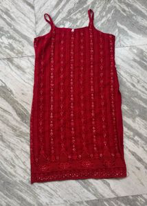 Red Embroidered Cotton Kurta