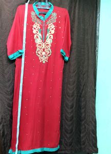Embroidery Cotton Red kurti designer Rhinestone