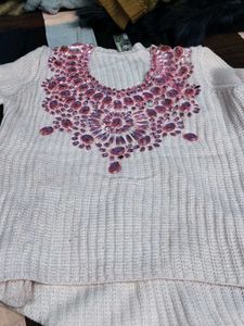 Beige Embellished Knit Sweater