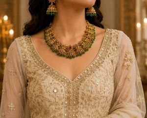 Antique Gold Plated Temple Jewellery Set with Gree