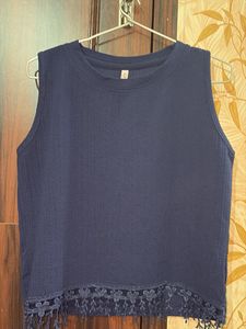 Navy Blue Sleeveless Lace Trim Top