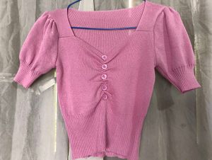 Puff Sleeve Button-Up Knit Top