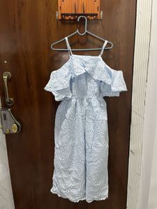 Light Blue Eyelet Cold-Shoulder Korean Dress