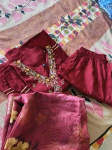 Maroon Embroidered Kurta Set with Dupatta