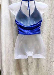 I. Shiny Blue Halter Neck Crop Top
