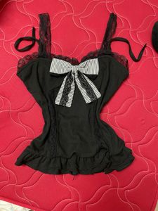Black Lace Trimmed Bow Top