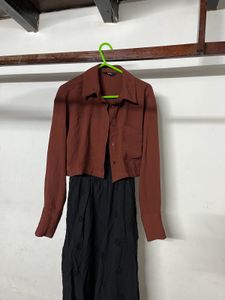 free bag🛍️ Brown Cropped Shirt,Black jumpsuit