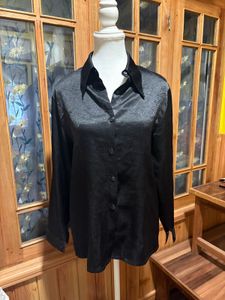 Sleek Black Satin Button-Up Shirt