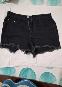 Black Denim Frayed Hem Shorts