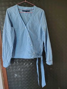 Blue Striped Wrap Top