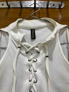 White Sleeveless Lace-Up Dress with Hood