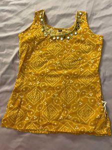 Yellow Bandhani Print Kurta with Mirror Work