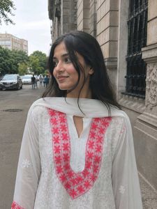 White Chikankari Kurta with Pink Embroidery