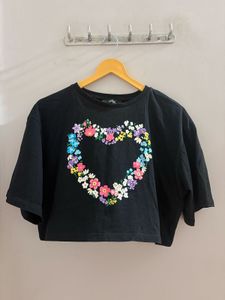 Black Cropped Tee with Floral Heart Design