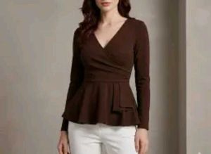 New Brown Ruched Peplum Top