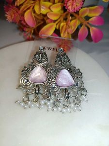 Elegant Silver Pink Stone Dangle Earrings