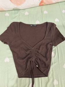Brown Ruched Drawstring Cropped Top