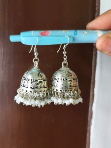 Traditional Silver Jhumka Earrings with White Bead