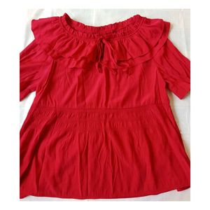 Red Ruffle Neck Blouse