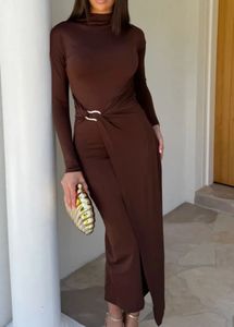 Chic Brown Mock Neck Midi Dress