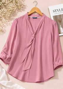 Elegant Pink Tie-Neck Puff Sleeve Top