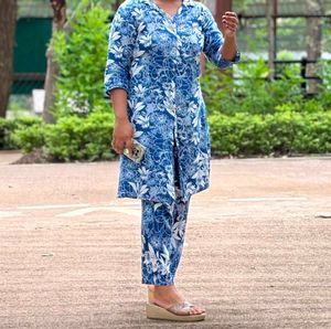 Elegant Blue Floral Printed Kurti Dress