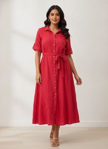 Red Textured Button-Down Shirt dress