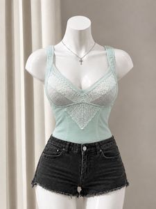 Y2K Inspired Mint Lace Trim Tank Top
