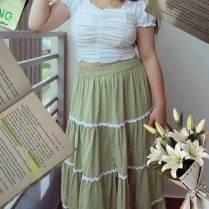 White Ruched Crop Top and olive green skirt