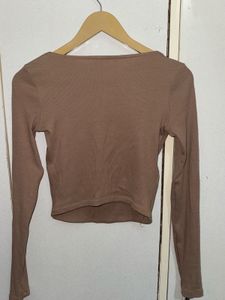 Zara Brown Ribbed Long Sleeve Crop Top