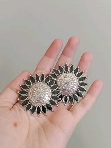 Designer Black &amp; Silver Floral Earrings