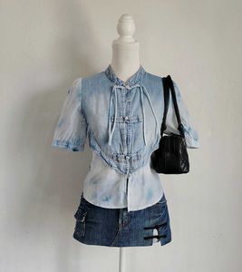 Denim/Cotton  mix manderin Collar tops