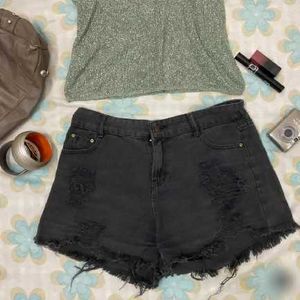 Distressed Charcoal Denim Shorts