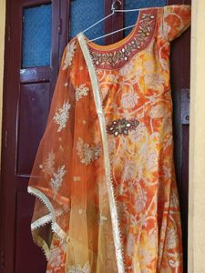 Elegant Orange Floral Print Gown