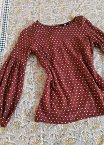Maroon Polka Dot Top with Balloon Sleeves