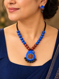 Boho Blue & Brown terracotta Necklace Set