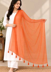 Vibrant Orange Tassel Net Dupatta