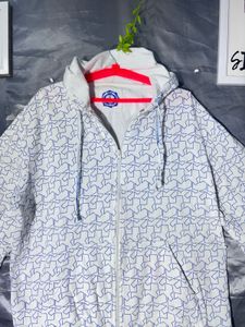 White Zip-Up Hoodie with Blue Pattern