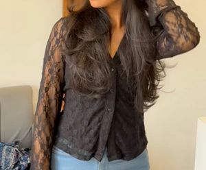 Sheer Black Lace Button-Up Top