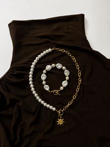Pearl & Gold Chain Necklace and Bracelet Set