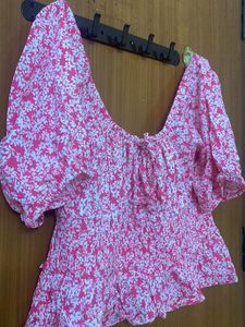 Floral Pink And White Crop Top Deep Neck And Back