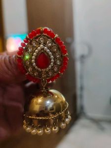 Elegant Jhumka Earrings with Red Stones